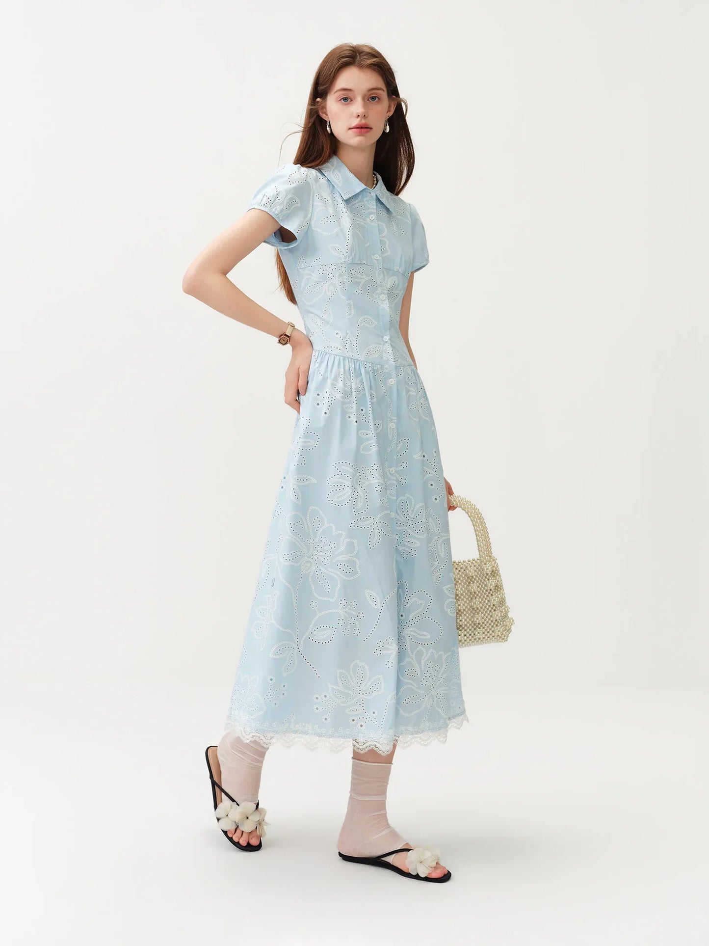 Women's Light French Style Cotton Lapel Hollow-out Print Waist-Fitted Short Sleeve Shirt Dress 2026 Summer New Arrival