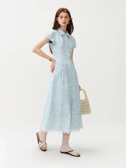 Women's Light French Style Cotton Lapel Hollow-out Print Waist-Fitted Short Sleeve Shirt Dress 2026 Summer New Arrival