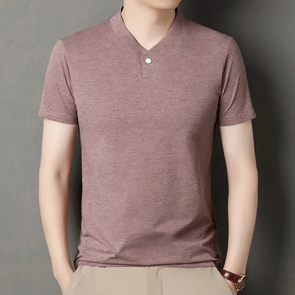 2026 Korean Style Men's Casual and Fashionable One Button V-neck Solid Color Short Sleeved T-shirt Summer Versatile Top