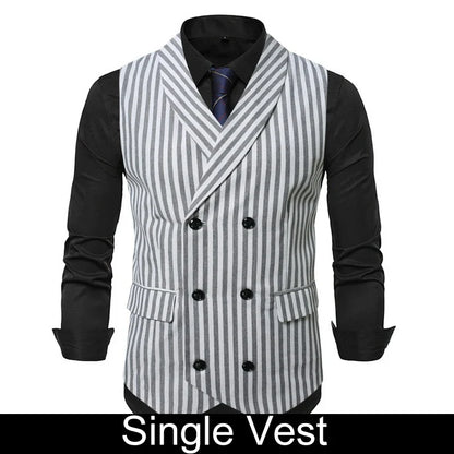 Man Suit Vest Vintage Striped Double-breasted Men Waistcoat British Style Slim Sleeveless Casual Versatile Male Vest