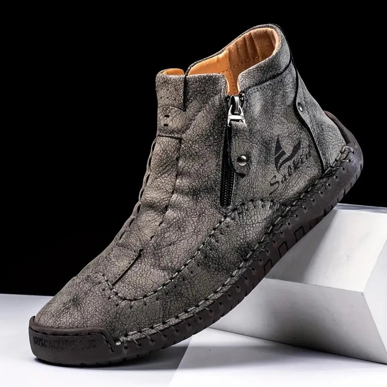 Men's Hand-Sewn High-Top Boots, Fashionable Side-Zip Casual Shoes, All-Season Outdoor Boots, Large Size Men's Shoes, Comfortable Bare Boots