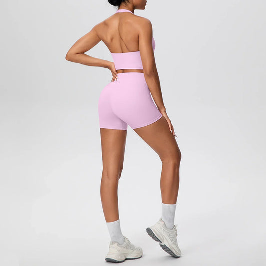 2picese Women Yoga Suit Solid Color High Waist Hip Push Up Fitness Shorts Sexy Pilates Backless Gym Hanging Neck Bra Yoga Set