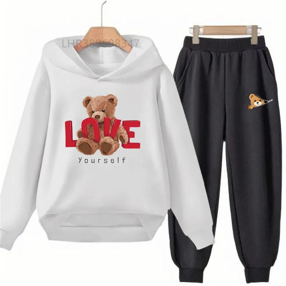Little Bear Children's Hoodies Top+Bottom Girls Pink Boy Black Age 3-12 Coat Casual Toddler Long Sleeves Suit Print Clothing