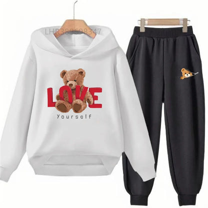 Little Bear Children's Hoodies Top+Bottom Girls Pink Boy Black Age 3-12 Coat Casual Toddler Long Sleeves Suit Print Clothing