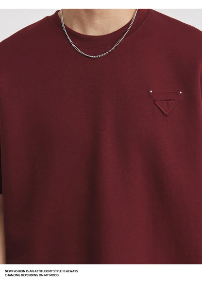 Men's Heavyweight 280g 2026 Summer New Cotton Solid Color Short Sleeve T-Shirt Crew Neck Triangle Label All-match Minimalist Tee
