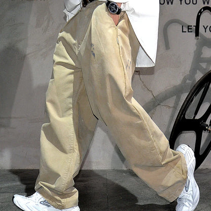 ‌Japanese Premium Vintage Distressed Paint Splash Cargo Pants Men Streetwear Loose Casual Straight Leg Haram Trousers Trendy