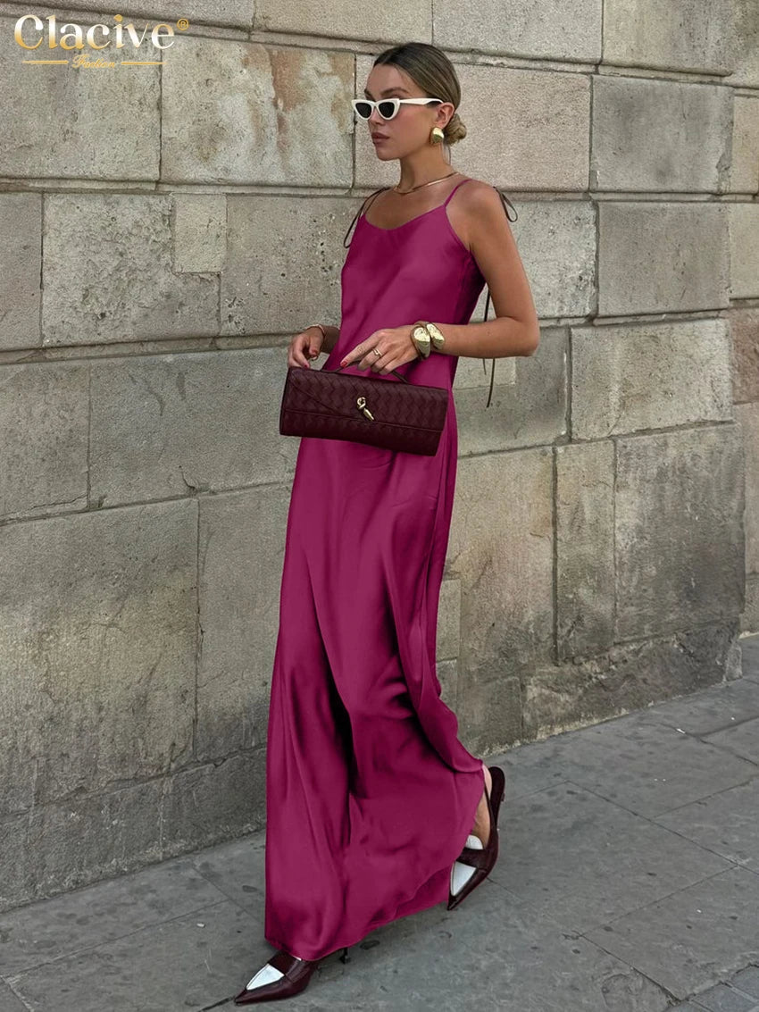 Fashion Loose Brown Satin Womens Dresses 2025 Summer Strap Sleeveless Floor Length Dress Sexy Backless Female Dress