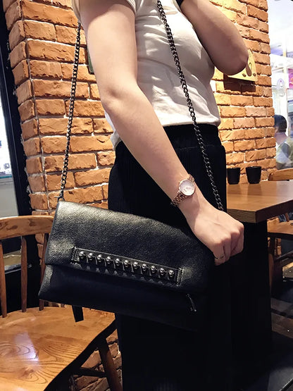 Folding design women Clutch Fashion rivets PU Leather Ladies Crossbody Bag chain Female Shoulder bag Clutches black wallet
