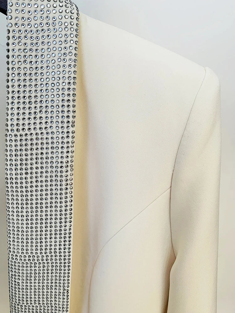 HIGH STREET 2026 Runway Fashion Designer Jacket Women's Stylish Backless Rhinestone Diamonds Beaded Shawl Collar Long Blazer