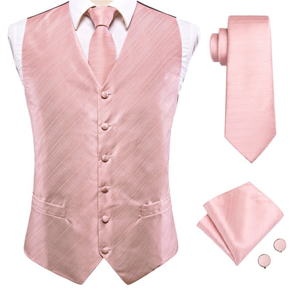 Wedding Coral Pink Mens Vest Silk Tie Set Adjustable Jacquard Waistcoat Jacket Necktie Hanky Cufflinks Formal Party Gifts