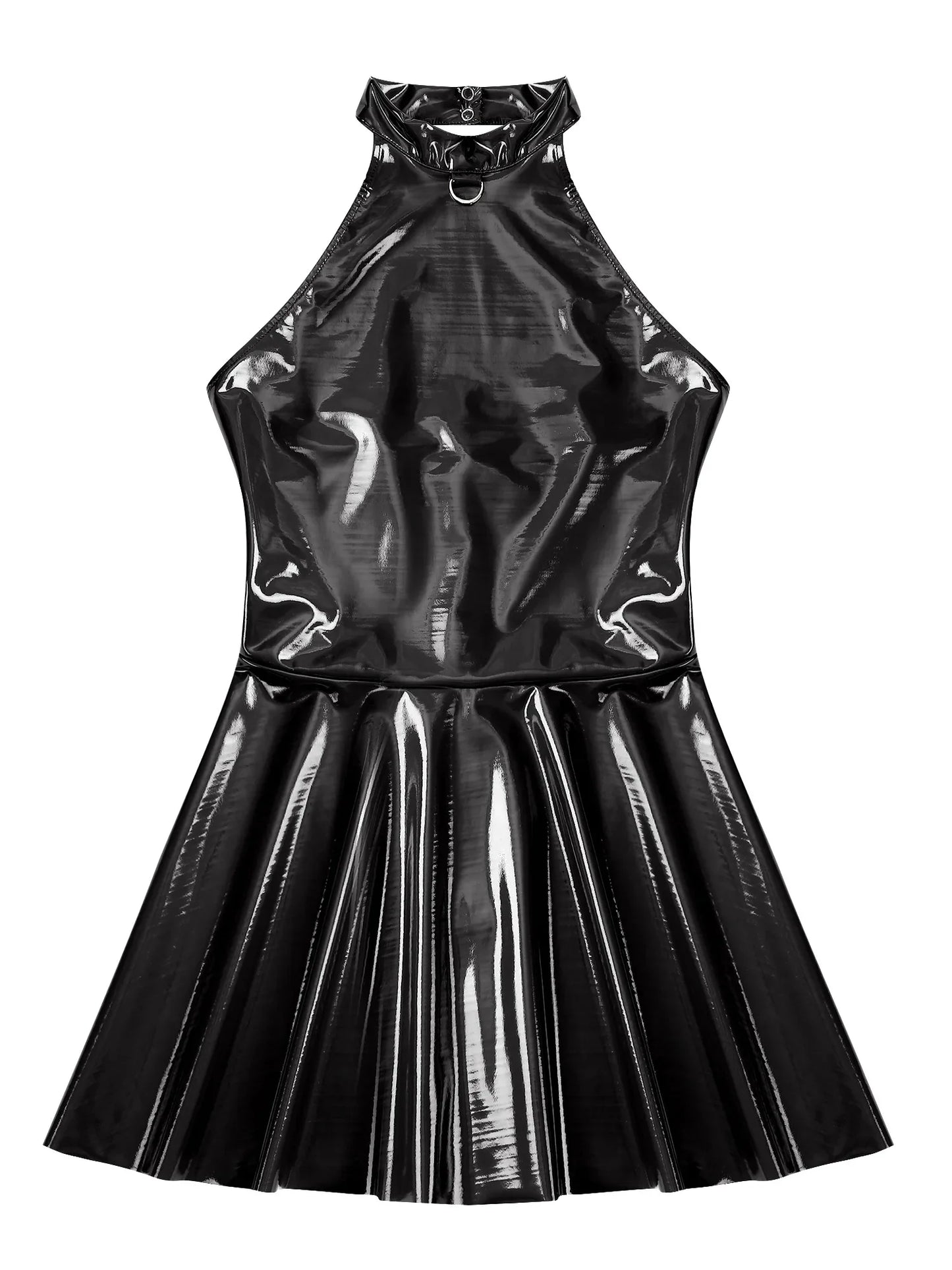 Womens Glossy Patent Leather Glossy Mini Skater Dress Halter Backless Bodycon Lingerie A-Line Dresses Rave Disco Party Clubwear