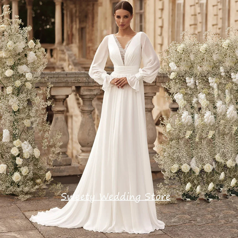 Romantic Wedding Dresses for Woman Bride Customized Puff Sleeves V Neck Beading Sequined Sweep Train Chiffon Bridal Gown