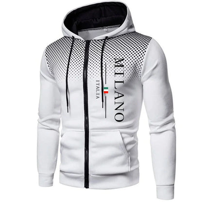 Italy Milan Print Men's Zip-up Hooded Outwear Fall Winter Male Daily Casual Sporty Jogging Hoodie Outdoor Motorcycle Riding Coat