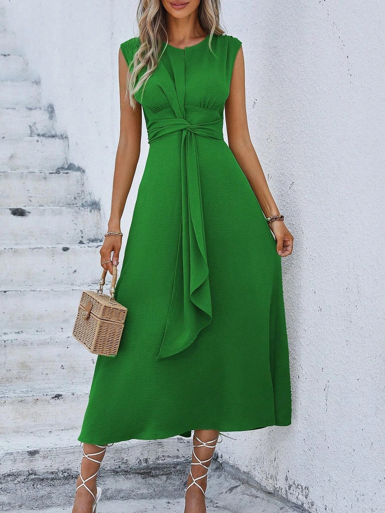 Women's Solid Color A-Line Dress Sleeveless Front Thin Straps Elegant Belted Midi Dress for Summer