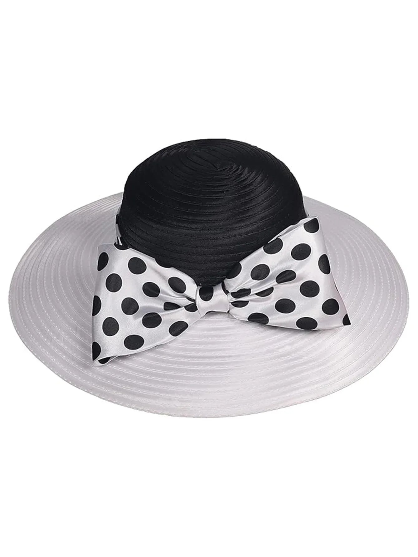 Elegant Women Wide Brim Rose Black Patchwork Polka Dots Kentucky Hat For Wedding Party Hat Big Bowknot Fedora Beach Cap