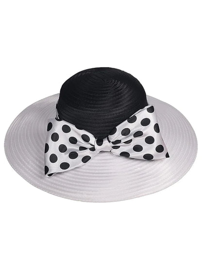 Elegant Women Wide Brim Rose Black Patchwork Polka Dots Kentucky Hat For Wedding Party Hat Big Bowknot Fedora Beach Cap