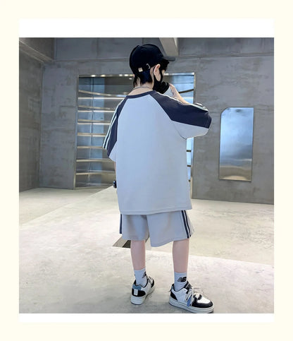Summer Boys Cotton Loose Contrast Alphabet T-Shirt Tops+Shorts Pant School Kids Tracksuit Child 2PCS Outfit Workout Set 5-16 Yr