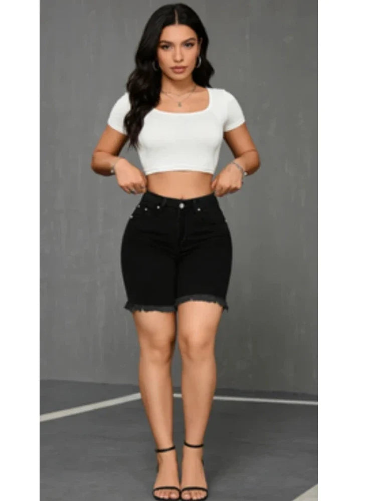 Women's Black Denim Bermuda Shorts High Waist  Rivet Buttons Design 5 Inch Knee Length Casual Summer Streetwear Jean Shorts