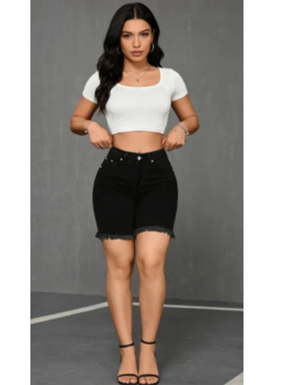 Women's Black Denim Bermuda Shorts High Waist  Rivet Buttons Design 5 Inch Knee Length Casual Summer Streetwear Jean Shorts