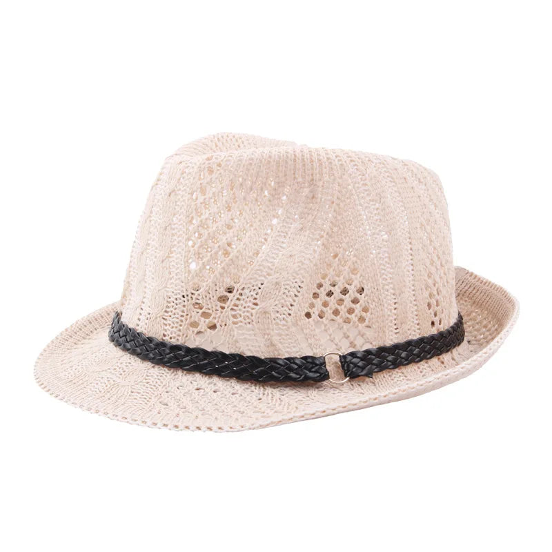 Summer Women's Knitted Mesh Breathable Curled Jazz Hat Leather Belt Panama Hat