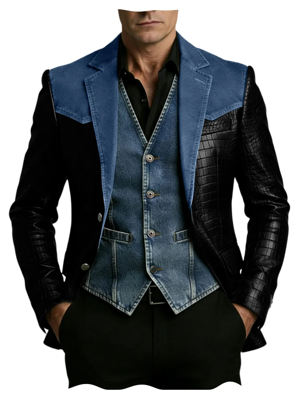 Men's Patchwork Denim & Crocodile Leather Blazer Two-Tone Western Style Suit Jacket Vintage Casual Fashion Coat