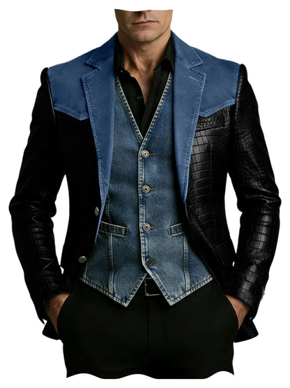 Men's Patchwork Denim & Crocodile Leather Blazer Two-Tone Western Style Suit Jacket Vintage Casual Fashion Coat