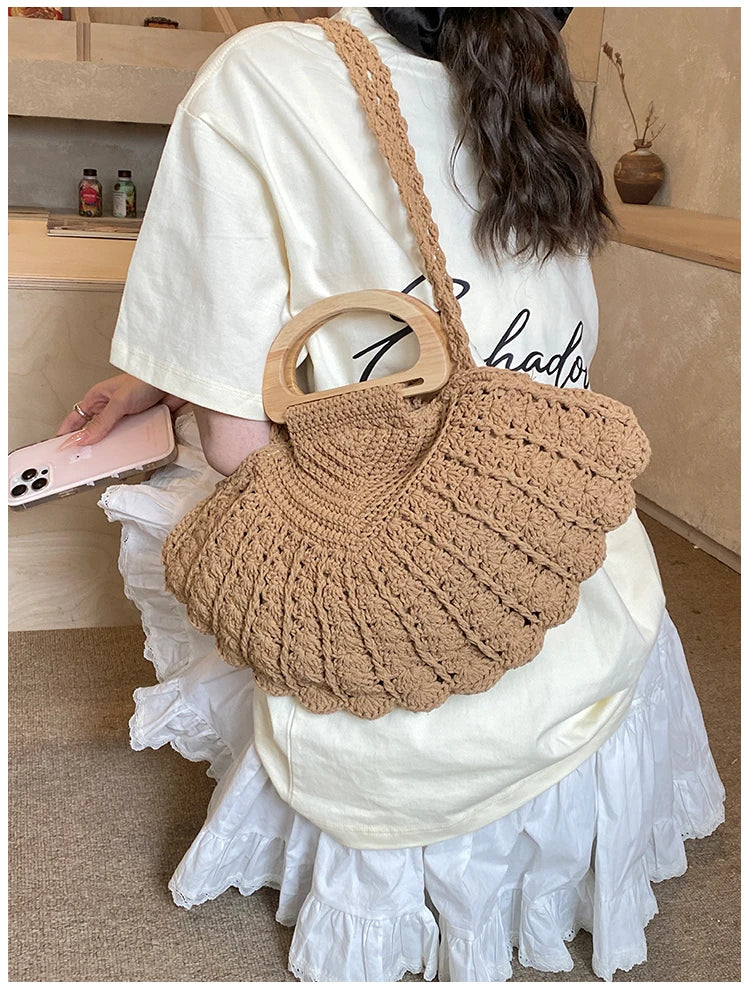 2026 New Retro Fan-shaped Crochet Woven Underarm Bag for Women Ins Style Seaside Vacation Versatile Wooden Handle Shoulder Bag