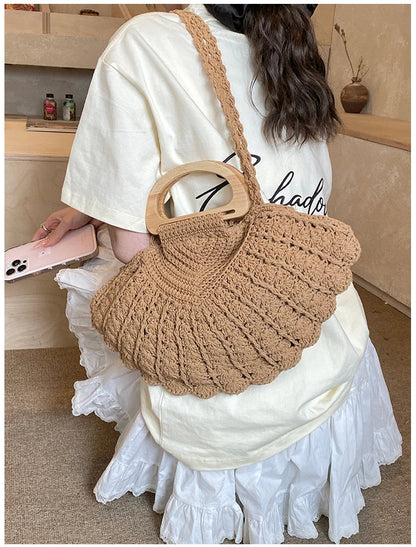 2026 New Retro Fan-shaped Crochet Woven Underarm Bag for Women Ins Style Seaside Vacation Versatile Wooden Handle Shoulder Bag
