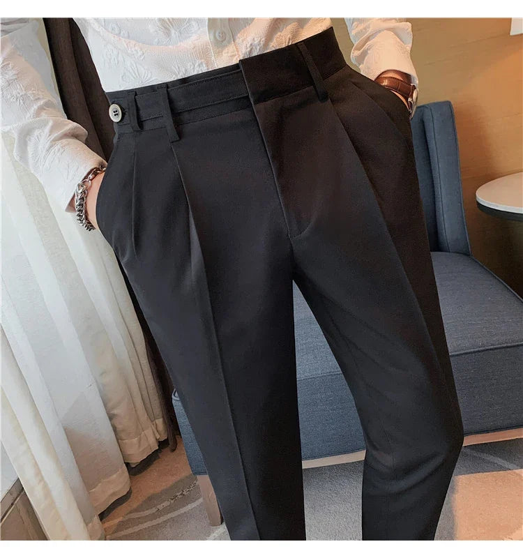 Autumn Winter High Quality Solid Casual Pants Men Belt Design Slim Fit Trousers Formal Office Business Social Party Suit Pants