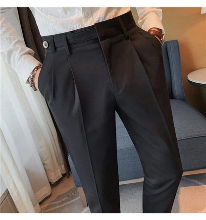 Autumn Winter High Quality Solid Casual Pants Men Belt Design Slim Fit Trousers Formal Office Business Social Party Suit Pants