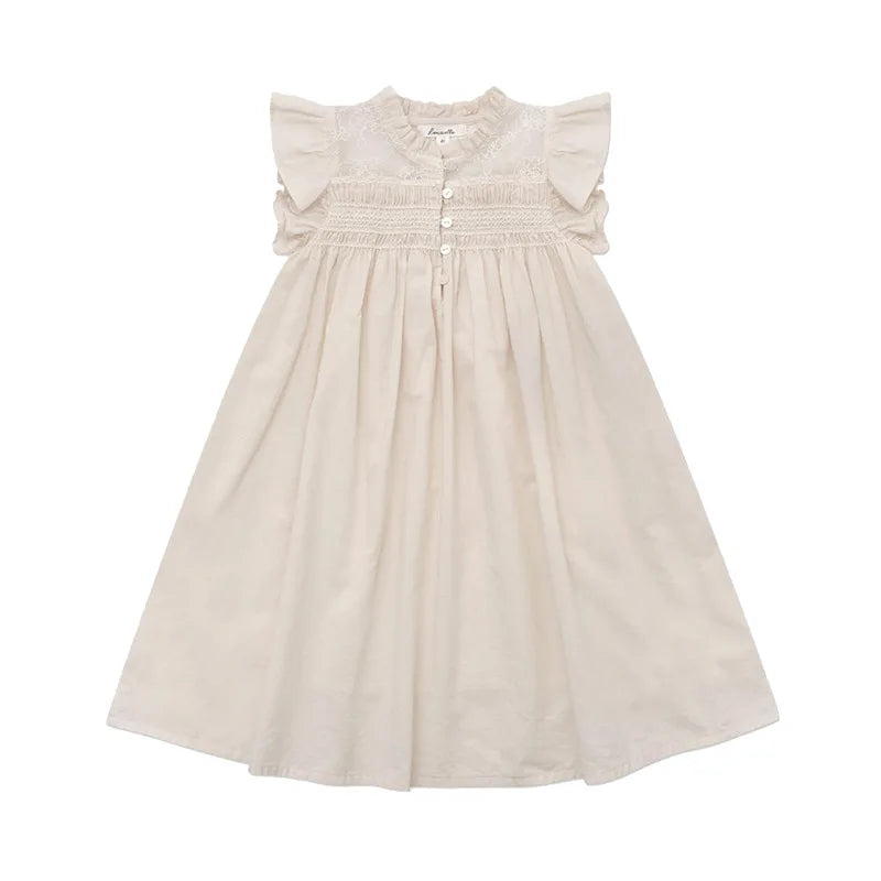 Summer LOU Girls' Printed Cotton Dress Short-Sleeved Handmade Embroidered Wide-Necked Children's Holiday Dress