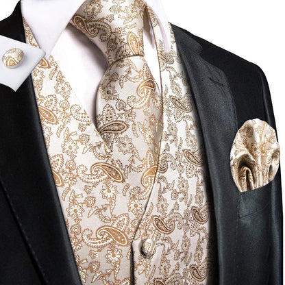 Ivory Beige Champagne Gold Mens Vests Tie Hankerchief Cufflinks Set Jacquard Vine Waistcoat for Men Suit Dress