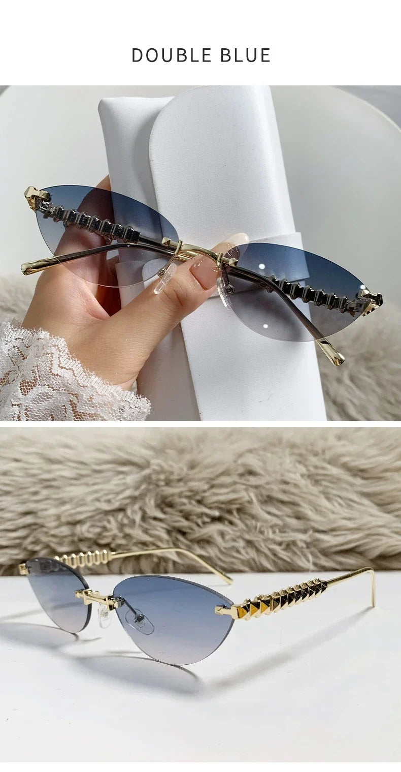 2026 Cat Eye Rivet Rimless Sunglasses Women Luxury Fashion Brand Oval Narrow Sun Glasses Shades Trendy Elegant Unique Eyewear
