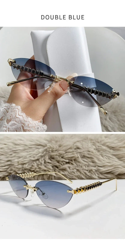 2026 Cat Eye Rivet Rimless Sunglasses Women Luxury Fashion Brand Oval Narrow Sun Glasses Shades Trendy Elegant Unique Eyewear