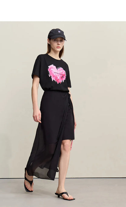 Woman T-shirts 2026 Summer Anti-Bacterial Loose Fit Round Neck Tee Heart Print Cotton Casual Knit Short Sleeve Top 12622026