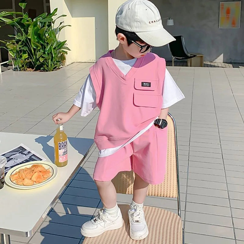 Summer Baby and Boys Cotton Contrast Patchwork t-Shirt Tops+Shorts Pant Sets School Kids Tracksuit Child 2PCS Outfit 1-10 Years