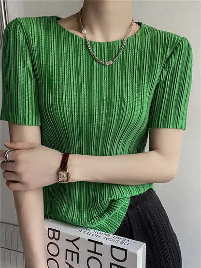 Miyake Pleated Short Sleeve Women's 2023 Summer New Thin Stretch Crew Neck All-Matching Slim Fit Pleated Hollow T-shirt Women