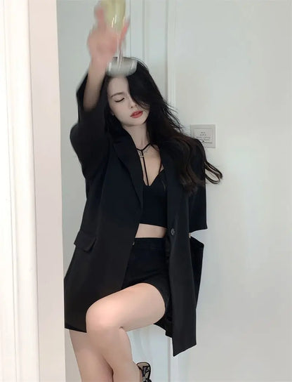 Premium Black Blazer for Women Spring Autumn New Arrival Sexy Backless Chain Accent Oversized Single Button Chic Feminine Design