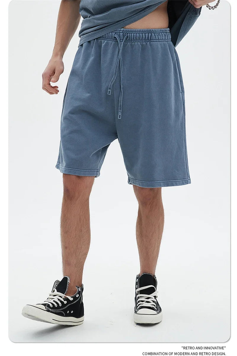 Fashion Summer Men 420gsm Washed Cotton Shorts Retro Unisex High Street Terry Knee Length Short Pants Streetwears HY0845