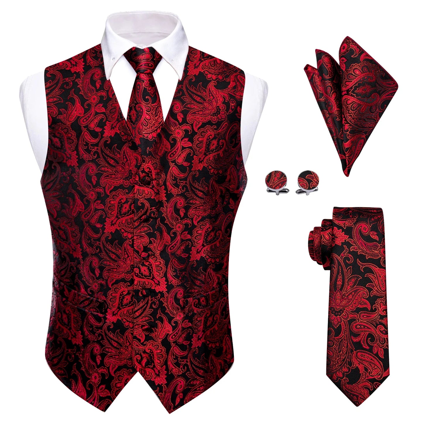 Mens Royal Blue Red Bronwn Orange Vest Tie Hanky Cufflinks Set Paisley Waistcoat Sleeveless for Male Wedding Busniess