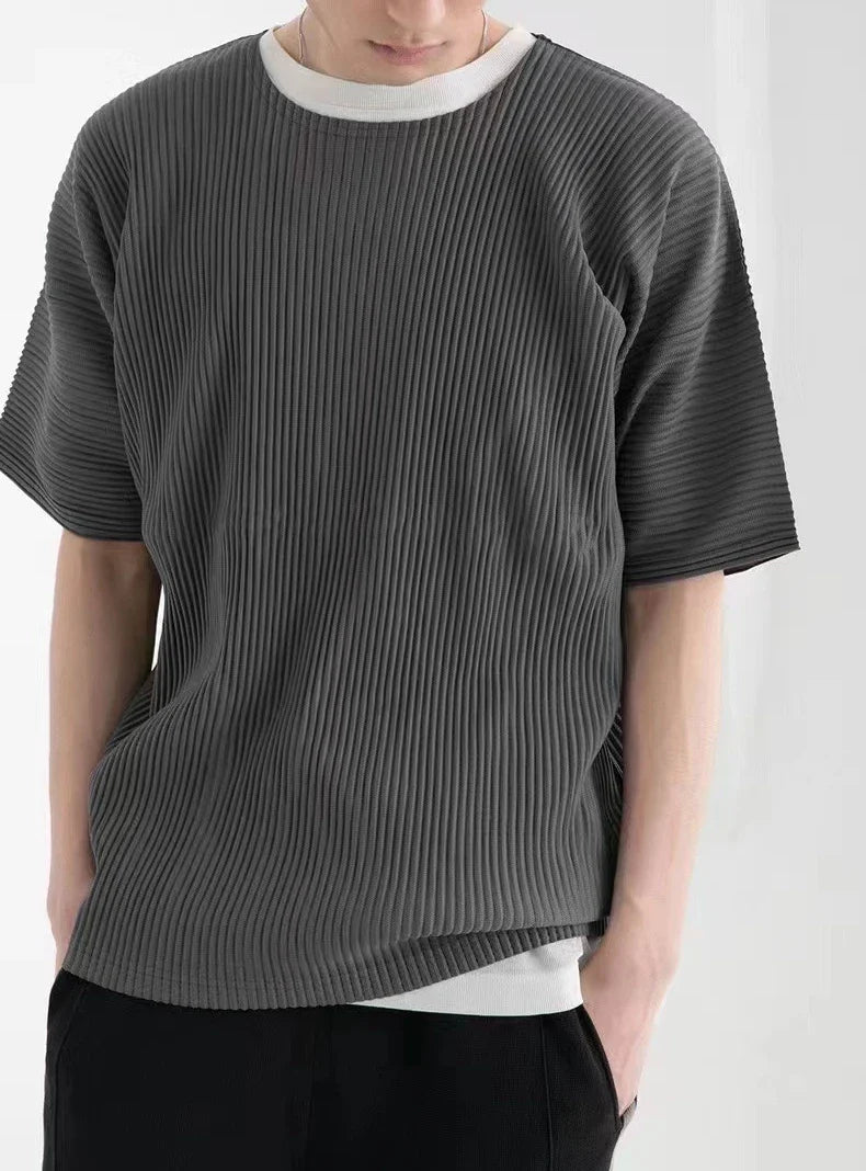 Miyake Shirt Thin Breathable Short Sleeve Round Neck T Shirt Summer Solid Sports Top Miyake Pleated Men