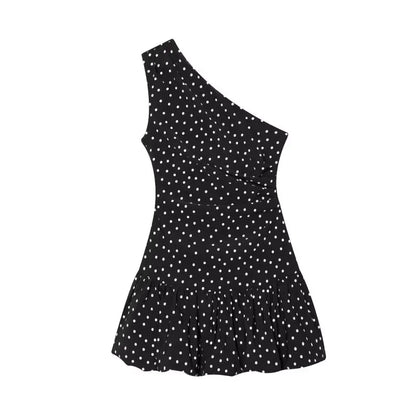 Women One Shoulder Sleeveless Polka Dot Mini Dress Ruched Waist Ruffle Hem Elegant Casual Party Short Dress Spring Summer