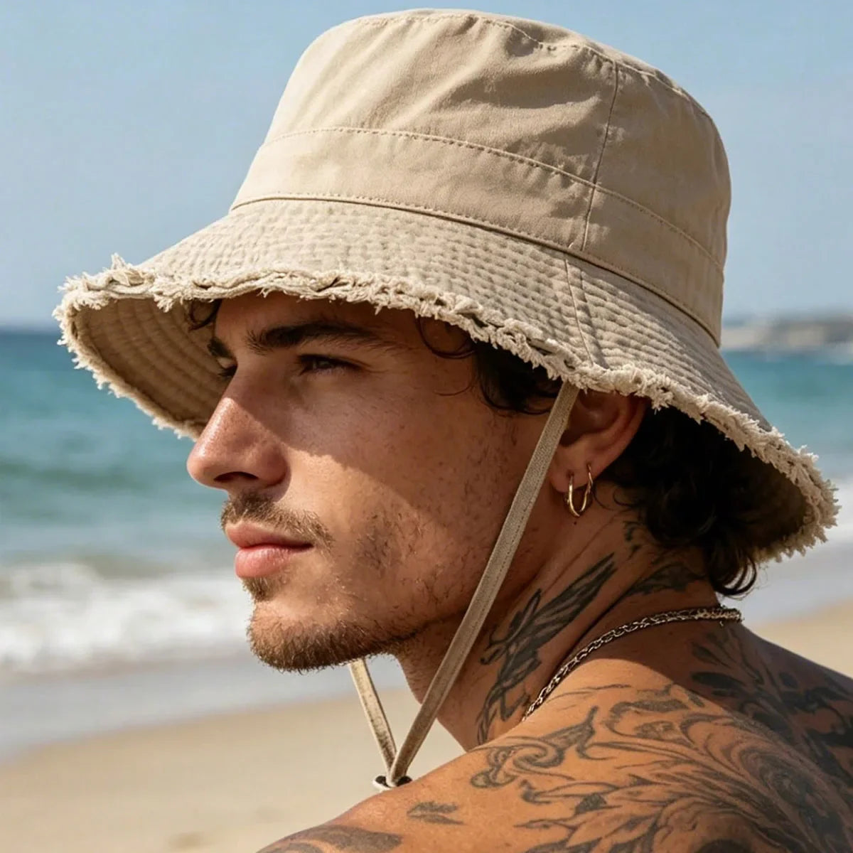 Fashion Men Fisherman Hats Foldable Bob Bucket Hat with Big Brim Sunscreen with Adjust Chin Rope Caps Beach Fishing Gorras Hat
