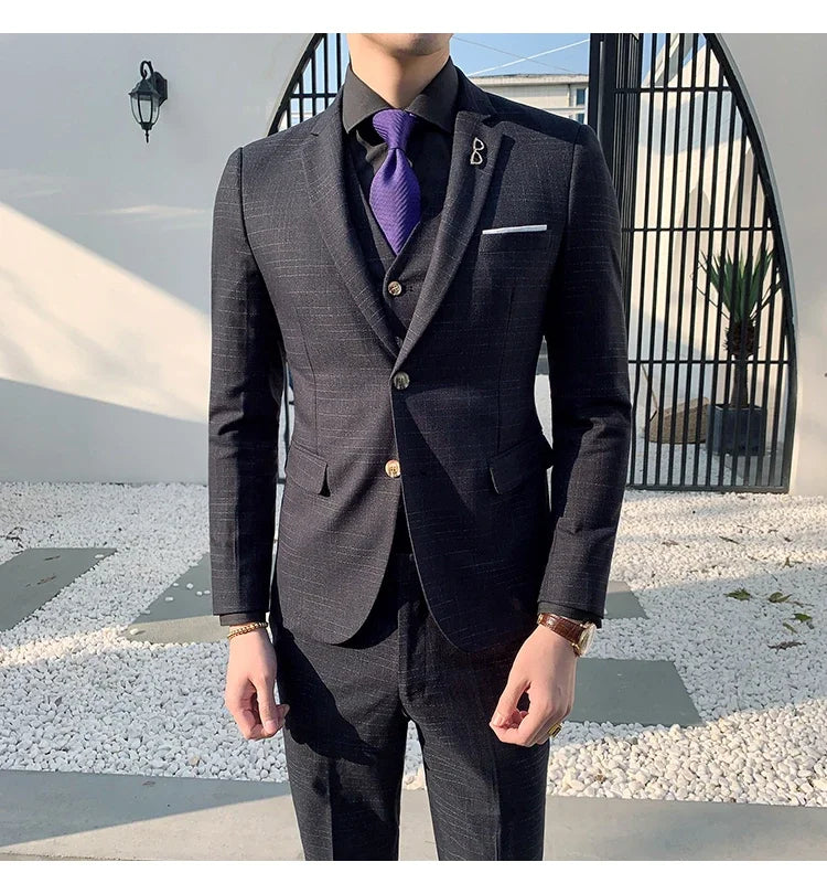 High Quality Slim-fit Men's Three-piece Suit with Vest And Trousers - Double Buckle Wedding Art Fabric Tough Man Suit