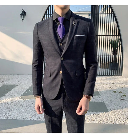 High Quality Slim-fit Men's Three-piece Suit with Vest And Trousers - Double Buckle Wedding Art Fabric Tough Man Suit