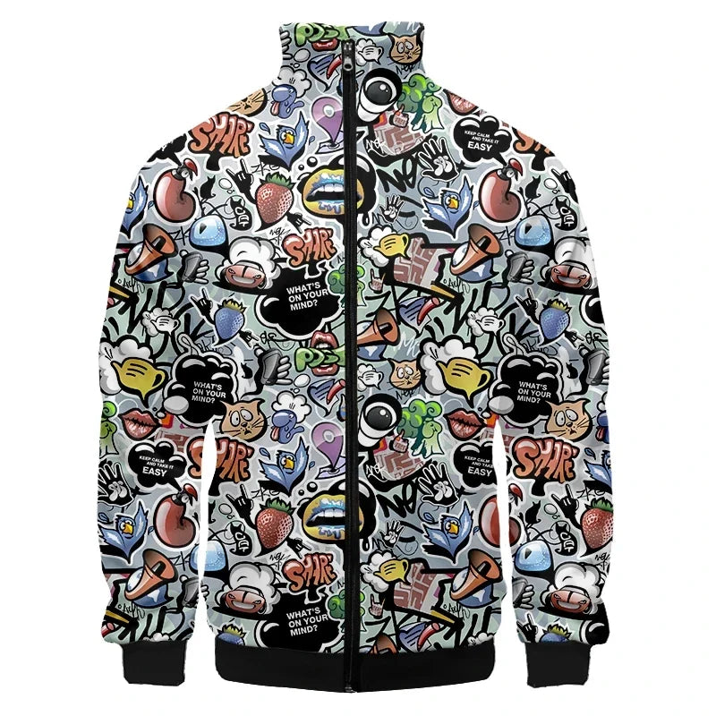 Colorful Monster Graffiti Art Men's Plus Size 3D Jacket Sportswear Spring Stand-up Collar Zipper Sweater Baseball Jacket Men's