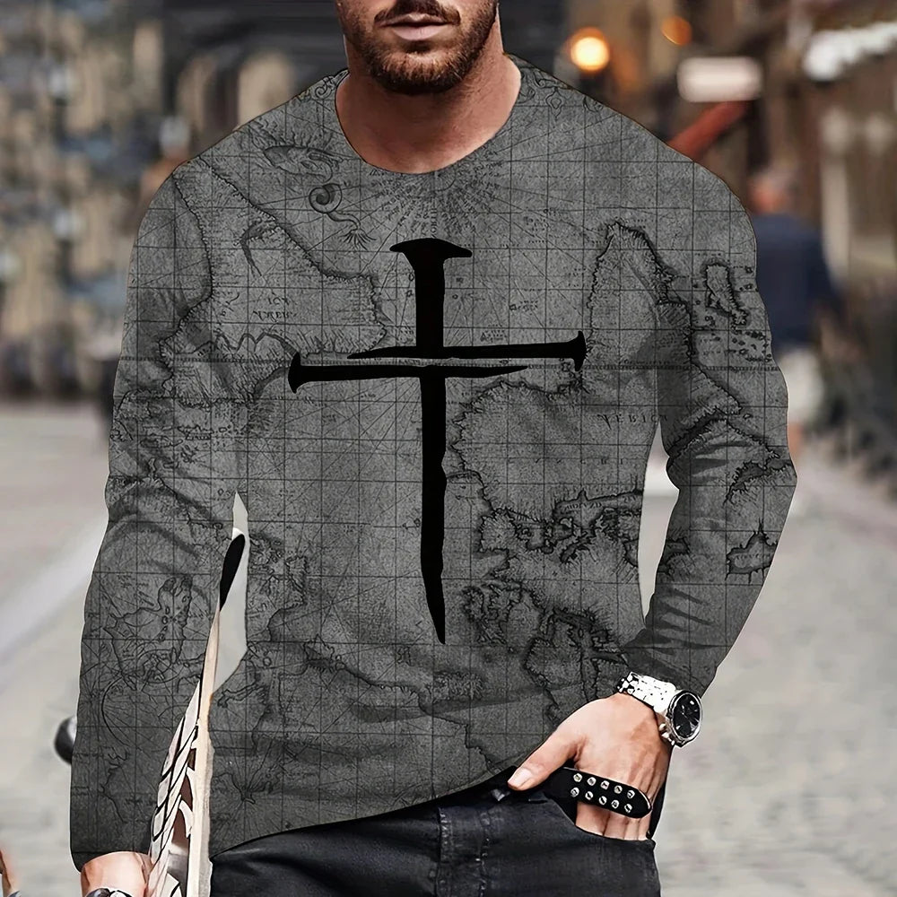 2023 Vintage Men's T Shirt Cotton Cross Pattern Long Sleeve 3D Clothing Nautical Map Print Street Harajuku Oversized
