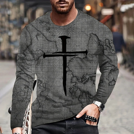 2023 Vintage Men's T Shirt Cotton Cross Pattern Long Sleeve 3D Clothing Nautical Map Print Street Harajuku Oversized