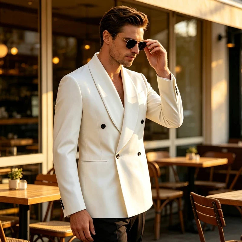 Luxury Men's Summer Blazer Shawl Lapel Slim Fit Double Breasted Suit Jacket Business Casual Wedding Groom Tuxedo Formal Party