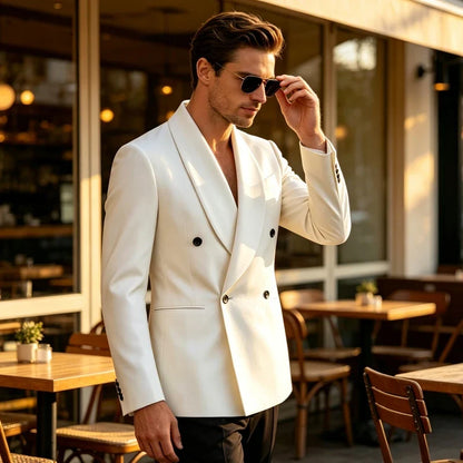 Luxury Men's Summer Blazer Shawl Lapel Slim Fit Double Breasted Suit Jacket Business Casual Wedding Groom Tuxedo Formal Party
